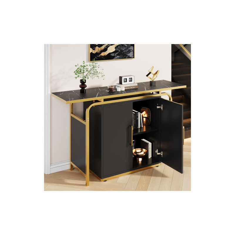 Groofoo - aiducho Buffet noir moderne et simple à deux portes (140 x 29,5 x 80 cm), décoré de poignées dorées et associé à une table au cadre doré