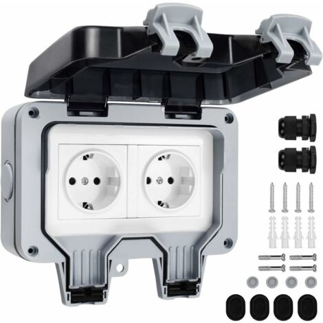 YIDOMDE GROOFOO Double Waterproof Socket with Waterproof Junction Box, IP66 Outdoor Socket, Dustproof Wall Socket for Kitchen, Bathroom, Garage, Pool and Garden