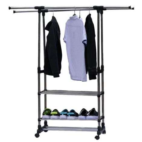 GROOFOO Dual Bars Horizontal & Vertical Telescope Style 3 Tiers Stainless Steel Clothing Garment Shoe Rack B