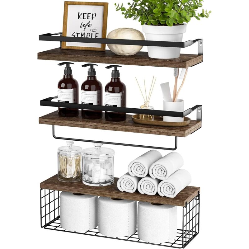 Groofoo - Ineasicer Etagère murale, Set de 3 étagères flottantes en bois avec panier en fil métallique, étagère murale, étagère à épices, étagère