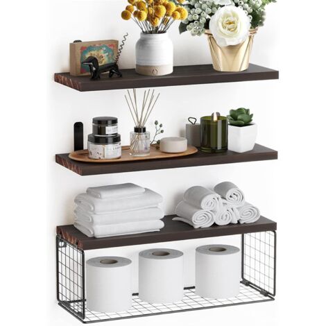 GROOFOO Etagère murale, Set de 3 étagères flottantes en bois avec panier en fil métallique, étagère murale, étagère à épices, étagère suspendue pour la salle de bain, le salon, la buanderie