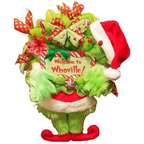 GROOFOO Grinch Couronne de Noël en peluche,couronne de Noël,couronne de décoration de porte d'entrée,décoration de la maison,couronne de Noël pour jardin,maison festival GROOFOO