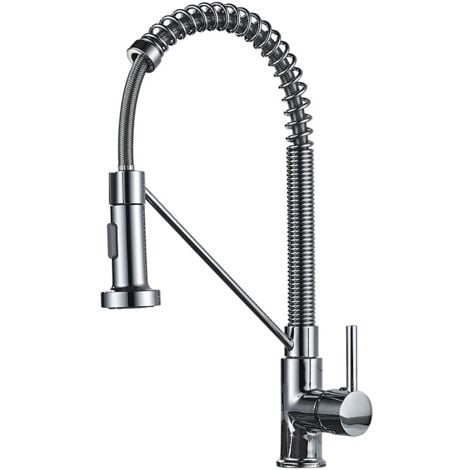 GROOFOO Kitchen Sink Mixer Tap, Spring Kitchen Faucet with Pull Down Sprayer, 2 Spray Modes High Arc Single Handle Lever Kitchen Tap (Chrome), KC05T021