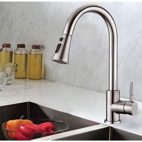 RHAFAYRE GROOFOO Kitchen Taps with Pull Out Spray, UCMDA 360 Swivel Single Handle Kitchen Sink Mixer Tap, 3-Water Mode High Arc Kitchen Faucet with 2 Connection Hoses (Brushed Nickel)