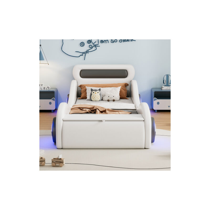 Aiducho Lit capitonné, lit simple 90x200cm, lit enfant, lit jeune, lit capitonné en forme de voiture avec roues lumineuses et espace de rangement,