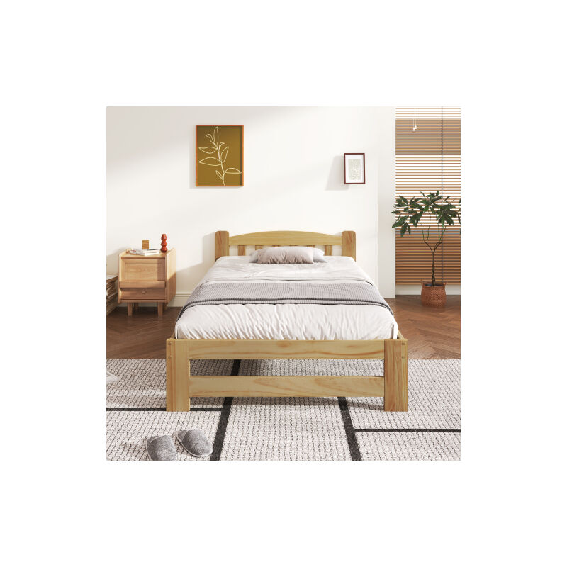 Groofoo - aiducho Lit en bois massif massif, lit futon, lit simple, lit en bois massif naturel avec tête de lit et sommier à lattes, lit