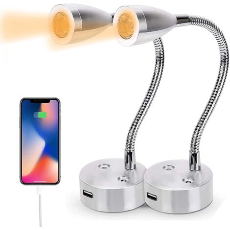 GROOFOO Lot de 2 Spots LED 12 V - 3 W - Avec Variateur Tactile et port USB - Rotation à 360 ° - Lumière Chaude pour Caravane, bateau, camping-car, caravane