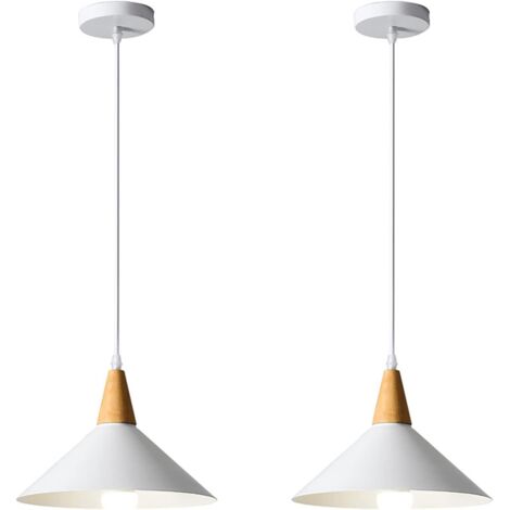 GROOFOO Lots de 2 Suspension Luminaire Rétro E27 Lustre Plafonnier Industriel Moderne Abat-jour en Métal Bois Lampes Suspendues pour Cuisine Salle à Manger Chambre Café,Blanc(25cm)