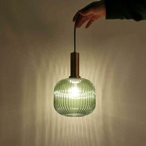 ZXPASRA GROOFOO Lustre Intérieur Luminaire Suspension Industrielle Suspendus Modernes Douille E27 Abat Jour Plafond Suspension En Verre À Rayures (Vert, M 20cm)