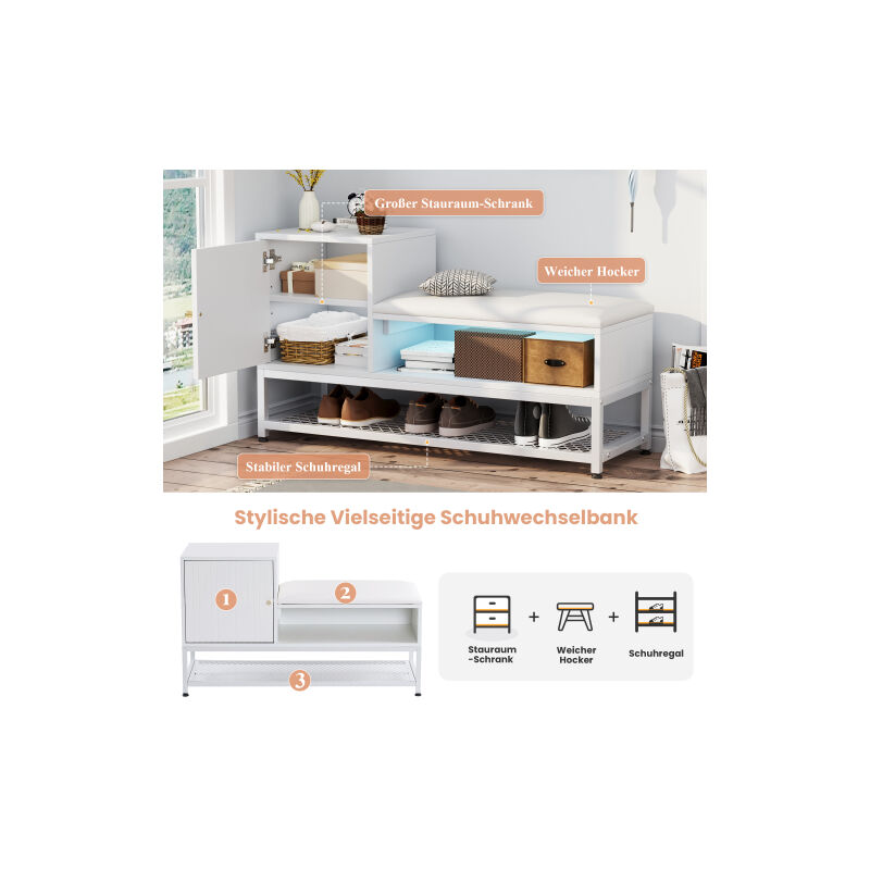 Aiducho Meuble à chaussures avec banc et 1 porte - 100 x 38 x 59,7 cm - led - Panneaux de particules - Blanc