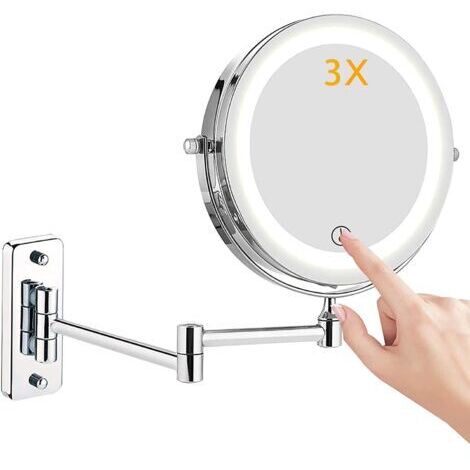 Groofoo – Miroir grossissant éclairé LED 10x – Fixation murale pivotante 360° – Métal chromé – Alimentation par piles AAA – Pour salle de bain et studio