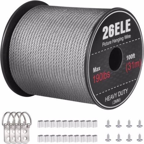 GROOFOO Picture Hanging Wire 190lbs, Heavy Duty Stainless Steel Wire Rope for Hanging Picture Frame Mirror and Wall Art, Strong Metal Wire 100Feet with 20PCS Crimping Sleeves, 4 D Rings and 8 Screws