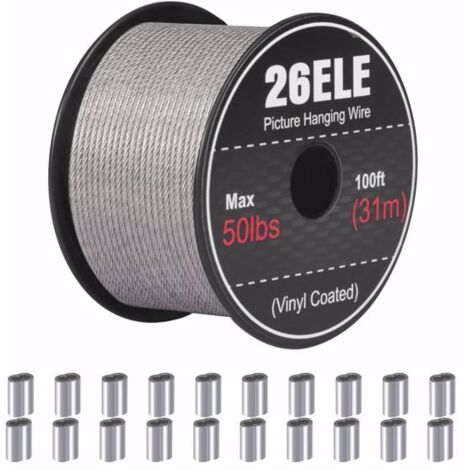 GROOFOO Picture Hanging Wire 50lb, Heavy Duty Stainless Steel Wire Rope for Hanging Picture Frame Mirror and Wall Art, Strong Metal Wire 100Feet with 20PCS Aluminum Crimping Sleeves