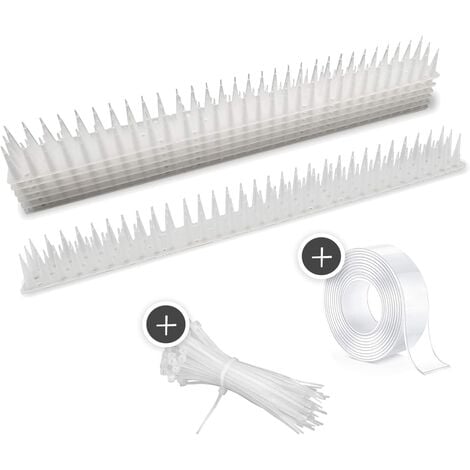 GROOFOO Pigeon Spikes – Over 5m – Bird Repellent with Extra High Spikes for Balconies, Fences and Roofs – with Waterproof Adhesive Tape and Cable Ties – Pack of 12（White）