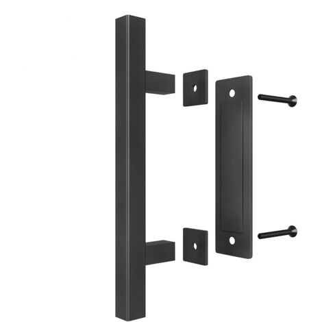 GROOFOO Poignées de porte de grange de 30,5 cm, grand design rustique à deux côtés pour portes de garage, remises, meubles, finition en poudre noire, carré