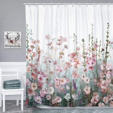 YIDOMDE GROOFOO Rideau de douche carré coloré pour salle de bain - Moderne - Décoratif - Fleurs roses - Multicolore - Polyester - Imperméable - Avec 12 anneaux blancs - 180 x 180 cm