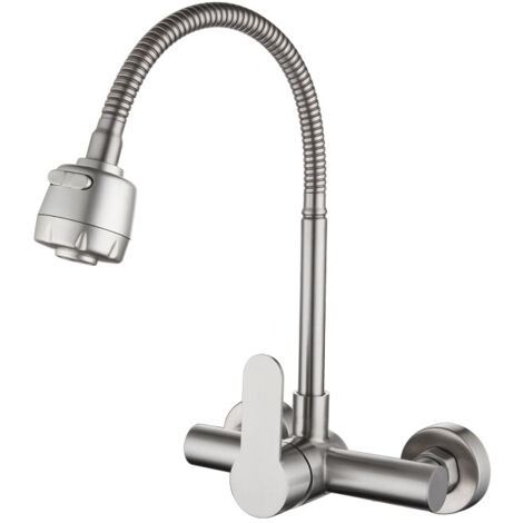 GROOFOO Robinet de Cuisine Mitigeur mural 304 acier inoxydable évier Rotatif à 360° Robinet Evier Deux modes de sortie d'eau avec Flexible Tuyau
