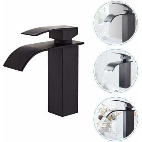 GROOFOO Robinet Salle de Bain et Deux Tuyaux d'Entrée, Robinet Lavabo avec Eau Froide & Chaude Disponible, Design Moderne de Cascade Robinet Lavabo, Conception Durable de Corps de Valve de Cuivre Noir