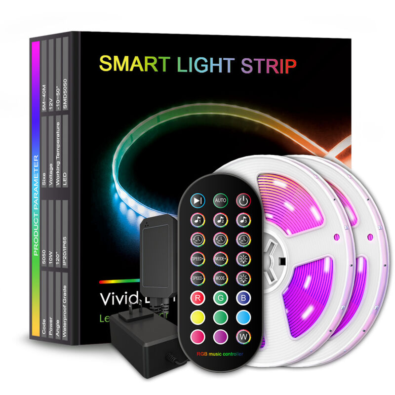 GROOFOO Ruban Led 20M,Bande Led 5050 RGB, Led Ruban Lumineuse Flexible Multicolore avec Télécommande 24 Touches, Utilisé pour la Décoration de Maison