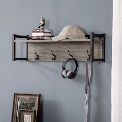 GROOFOO Rustic Wall-Mounted Coat Rack with Floating Shelf – 4 Hooks, Entryway Organizer, Handcrafted Wood, Modern Farmhouse Decor
