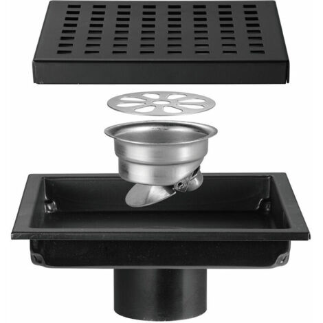 GROOFOO Siphon de sol de douche carré avec couvercle de grille amovible, acier inoxydable SUS 304, noir