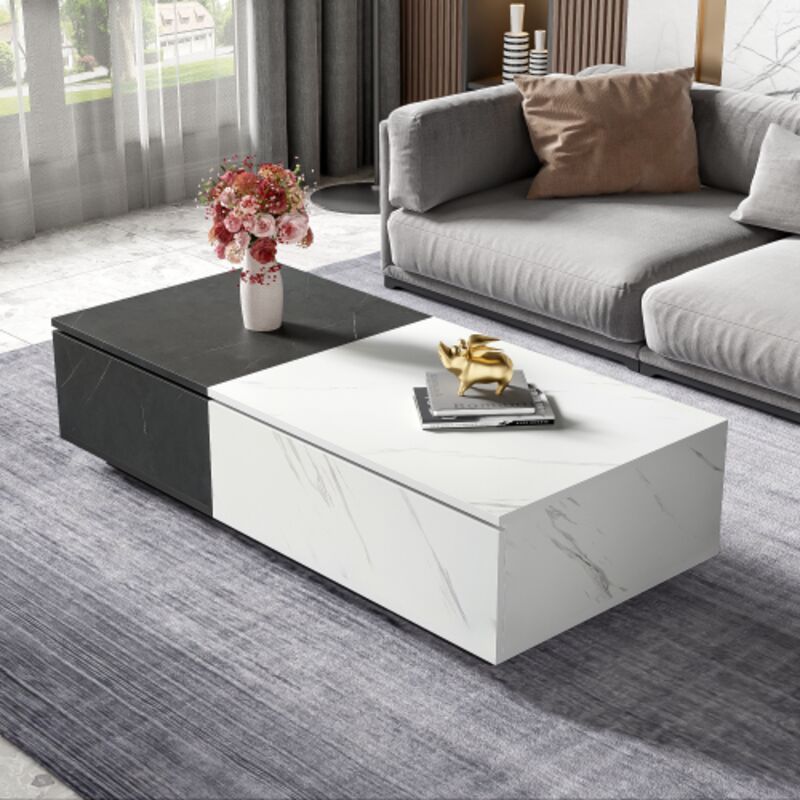 Groofoo - aiducho Table de salon, table basse avec espace de rangement, table d'appoint avec 2 portes, placage aspect marbre, 110 l x 50 l x 28 h cm,