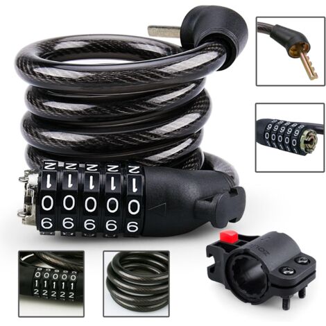 GrooFoo Verrou de vélo,sécurité plus élevée Verrou à combinaison à 5 chiffres Verrouillage de roue Verrouillage de cable Verrouillage de moto Diamètre de 12 mm 1,2 m de long noir GrooFoo