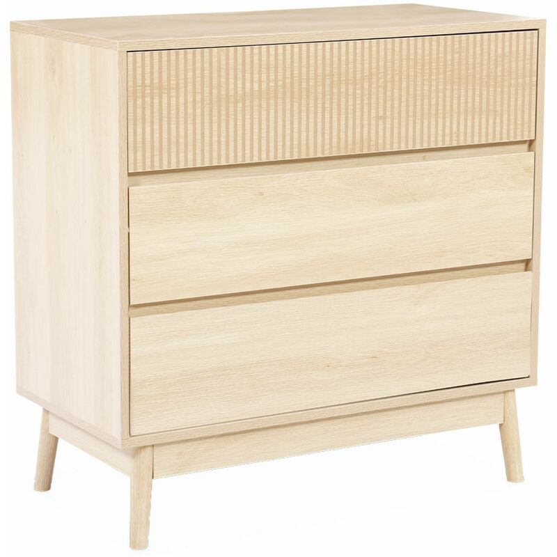 Grooved wood detail 3-drawer chest, 80x40x80cm - Linear - Natural Wood colour - Natural