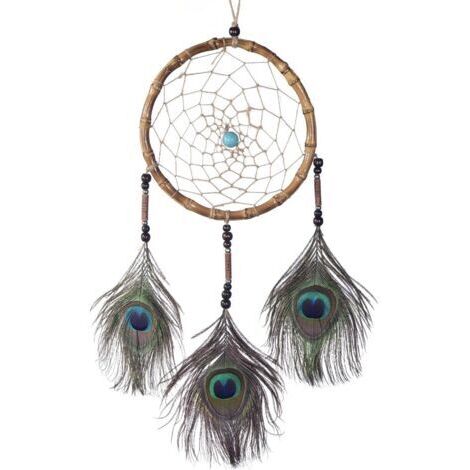 Gros Attrape-rêves Dreamcatcher avec Perles et Vraies Plumes Brun Noisette - Ø 18 cm