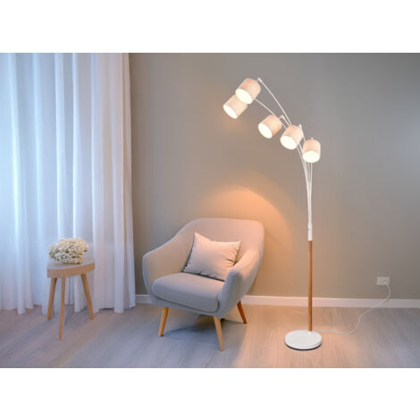 Große Bogenlampe LUVA mit Holzfuß & Stoffschirmen aus Leinen, Höhe 200cm