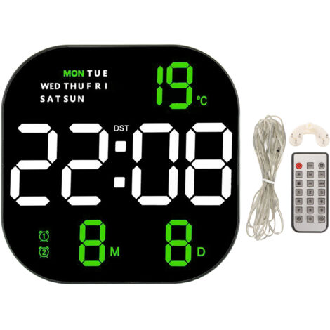 Große digitale LED-Uhr mit Temperatur- und Monatsanzeige, multifunktionale USB-Fernbedienung (5 V) für Büro und Wohnzimmer, zweifarbige grüne Beleuchtung