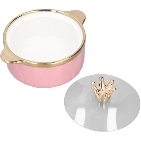 Große Keramikschüssel mit Deckel, Krone und goldenem Griff für Suppe, Reis, Salat und Instantnudeln – Rosa