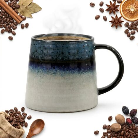 Große Keramiktasse 400 ml für Kaffee, Tee, Schokolade, Marineblau, Grau, Ø 9 cm