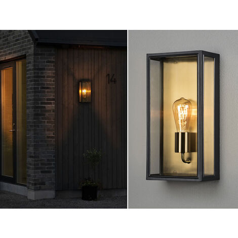 Große LED Außenwandlaterne Schwarz-Messing mit Klarglas, Höhe 40cm