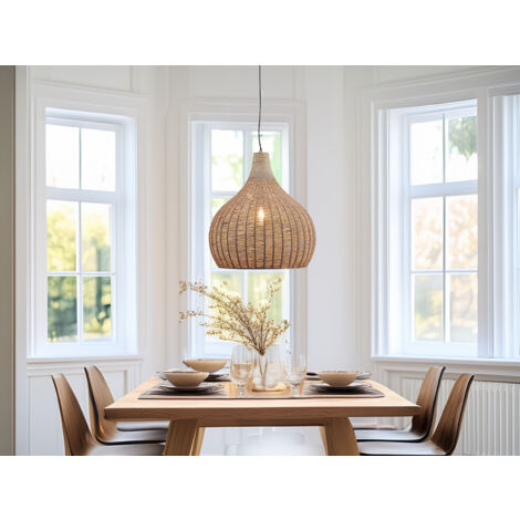 Große LED Boho Pendelleuchte 1-flammig mit Lampenschirm aus Jute, Ø 54cm