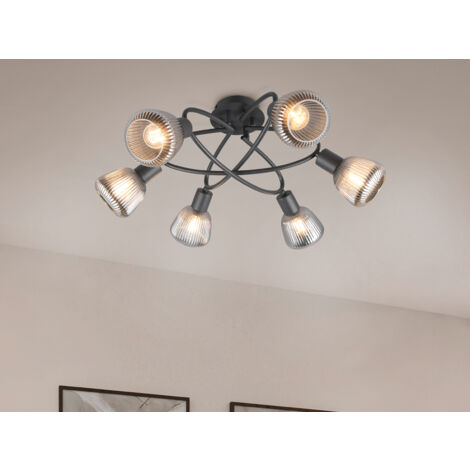 Große LED Deckenleuchte 6-flammig mit Glasschirmen Chrom bedampft, Ø 59cm