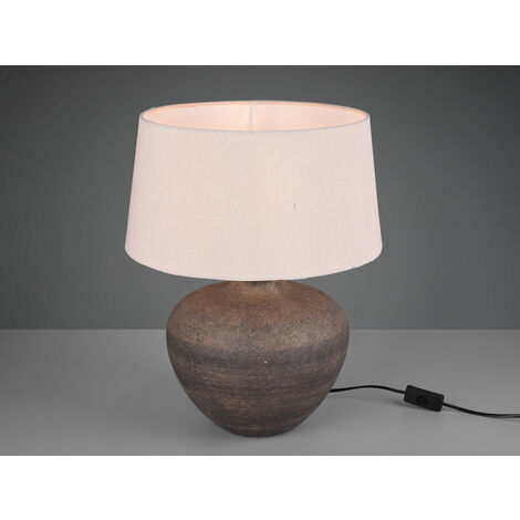 Große LED Keramik Tischleuchte braun mit Stoffschirm in beige, Höhe 46cm