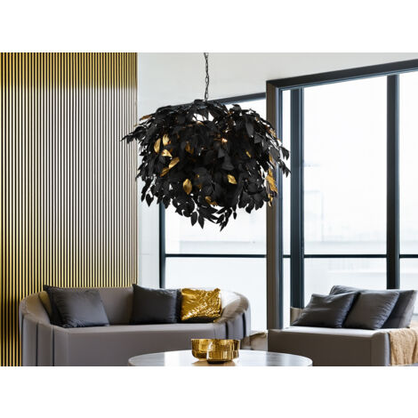 Große LED Pendelleuchte Blätter Lampenschirm Schwarz Gold, Ø 70cm