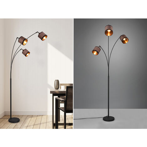 Große LED Stehleuchte 3-flammig mit Stoffschirmen in Taupe/Gold, Höhe 185cm