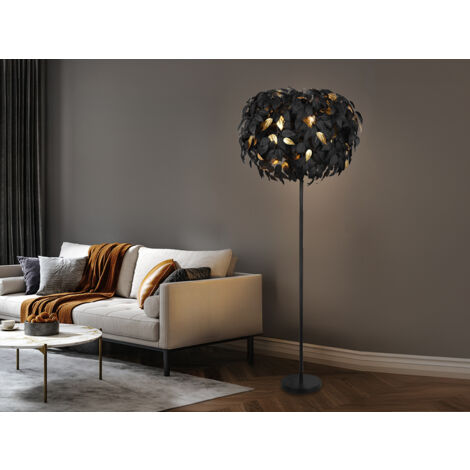 Große LED Stehleuchte mit Blätter Lampenschirm Schwarz Gold, Höhe 180cm