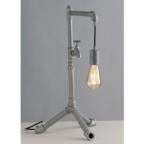 Große LED Tischlampe in Industrial Wasserrohr Optik, Grau antik, Höhe 61cm