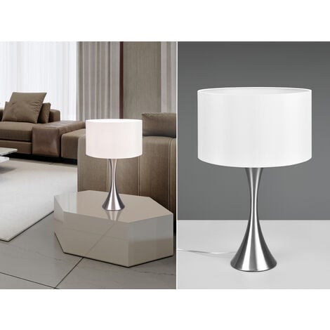 Große LED Tischlampe Silber matt mit Stoffschirm Weiß, Höhe 62cm