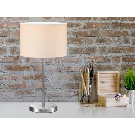 Große LED Tischleuchte Silber mit Stoffschirm weiß, Höhe 55cm