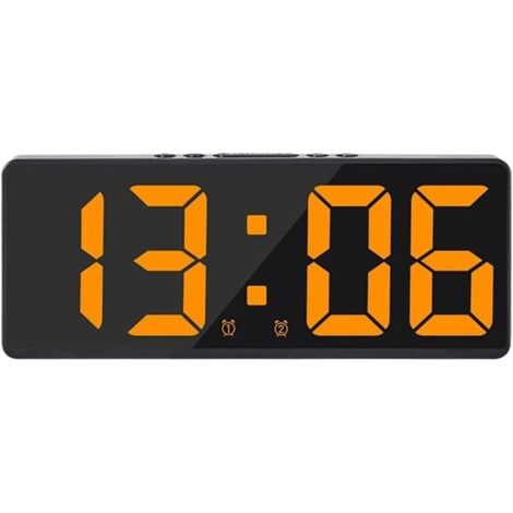 Große, smarte digitale Wanduhr mit Zeit-/Datums-/Ton- und Countdown-Funktion, stufenloser Helligkeits- und Lautstärkeregelung – Schwarzes Gehäuse mit gelber Hintergrundbeleuchtung
