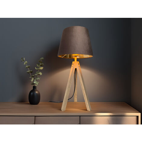 Große Tischlampe mit Dreibein aus Holz, Samtschirm Braun Gold, Höhe 55cm