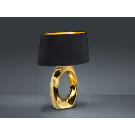 Große Tischleuchte TABA Keramik Gold - Stoffschirm Schwarz, Höhe 52cm