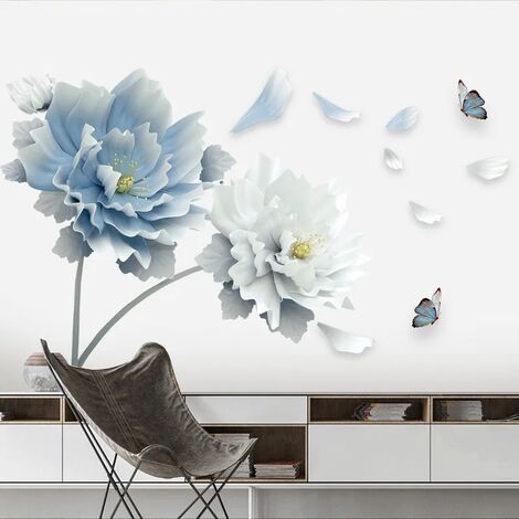Große weiße blaue Blume, Lotus-Schmetterling, abnehmbare Wandaufkleber, 3D-Wandkunst, Abziehbilder, Wandbild, Kunst für Wohnzimmer, Schlafzimmer, Heimdekoration