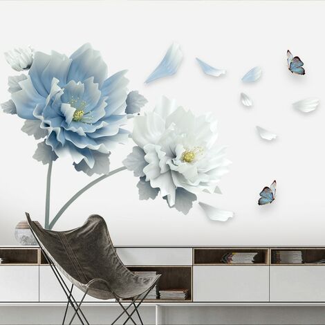Große weiße blaue Blume Lotus Schmetterling entfernbare Wandaufkleber 3D-Wandtattoos Kunstwandkunst für Wohnzimmer Schlafzimmer WohnkulturSchwarz