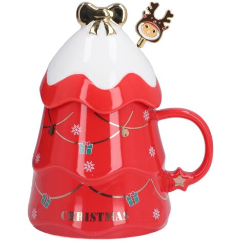 Großer 500-ml-Weihnachtsbecher aus Keramik mit Deckel und Löffel – Geschenkidee für die Feiertage