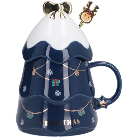 Großer 500-ml-Weihnachtsbecher aus Keramik mit Deckel und Löffel – Geschenkidee für Kaffee, Tee oder Milch